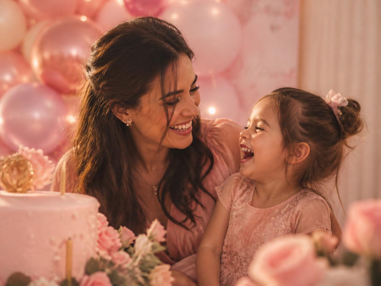 Mãe e filha rindo juntas em uma festa rosa